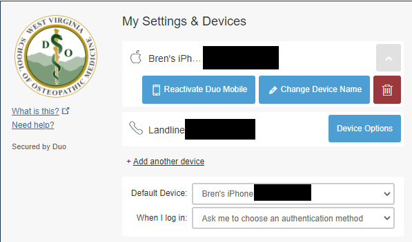 Duo Settings & Devices example screen device options