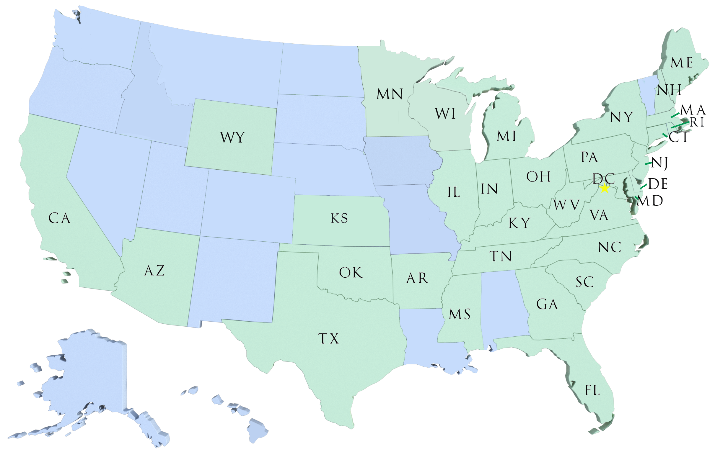 United states map showing states where students were placed, includes 31 states : CA, AZ, WY, KS, OK, TX, AR, MN, WI, IL, MS, MI, IN, KY, TN, OH, WV, VA, NC, SC, GA, FL, MD, NJ, PA, CT, RI, MA, NY, NH, ME)