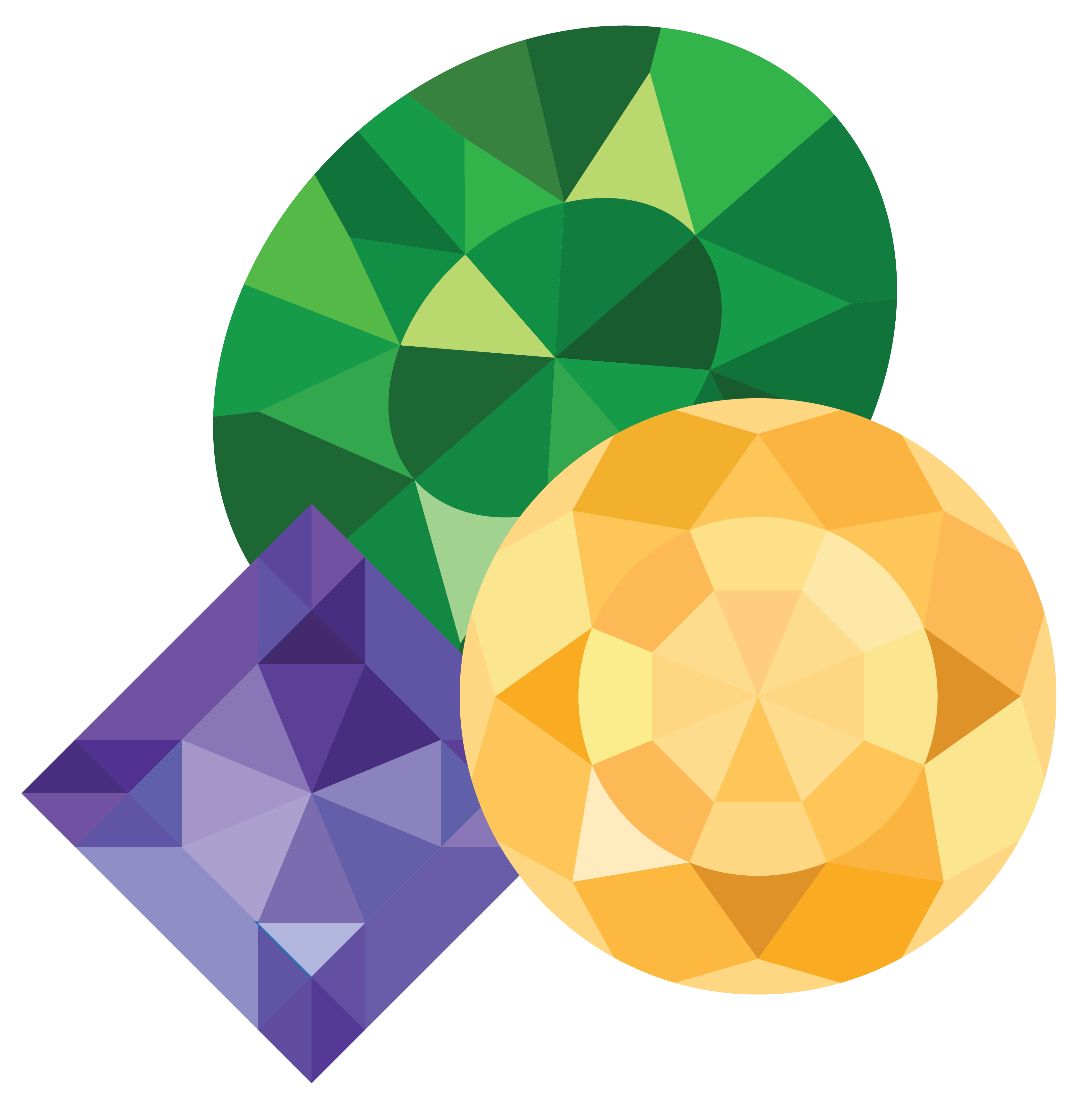 graphic of three gems: emerald, amethyst and topaz 
