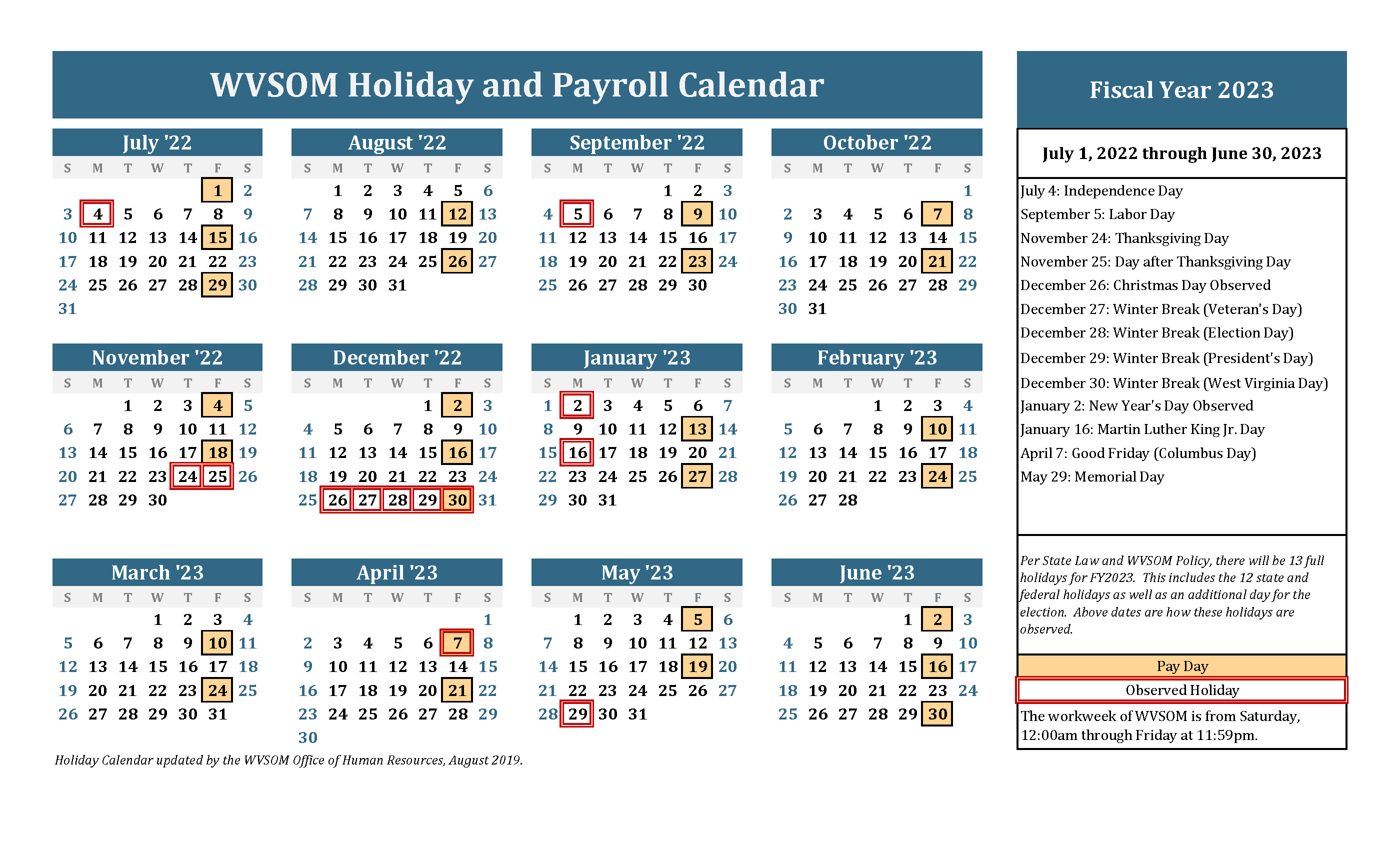 Holiday Calendar | West Virginia School of Osteopathic Medicine