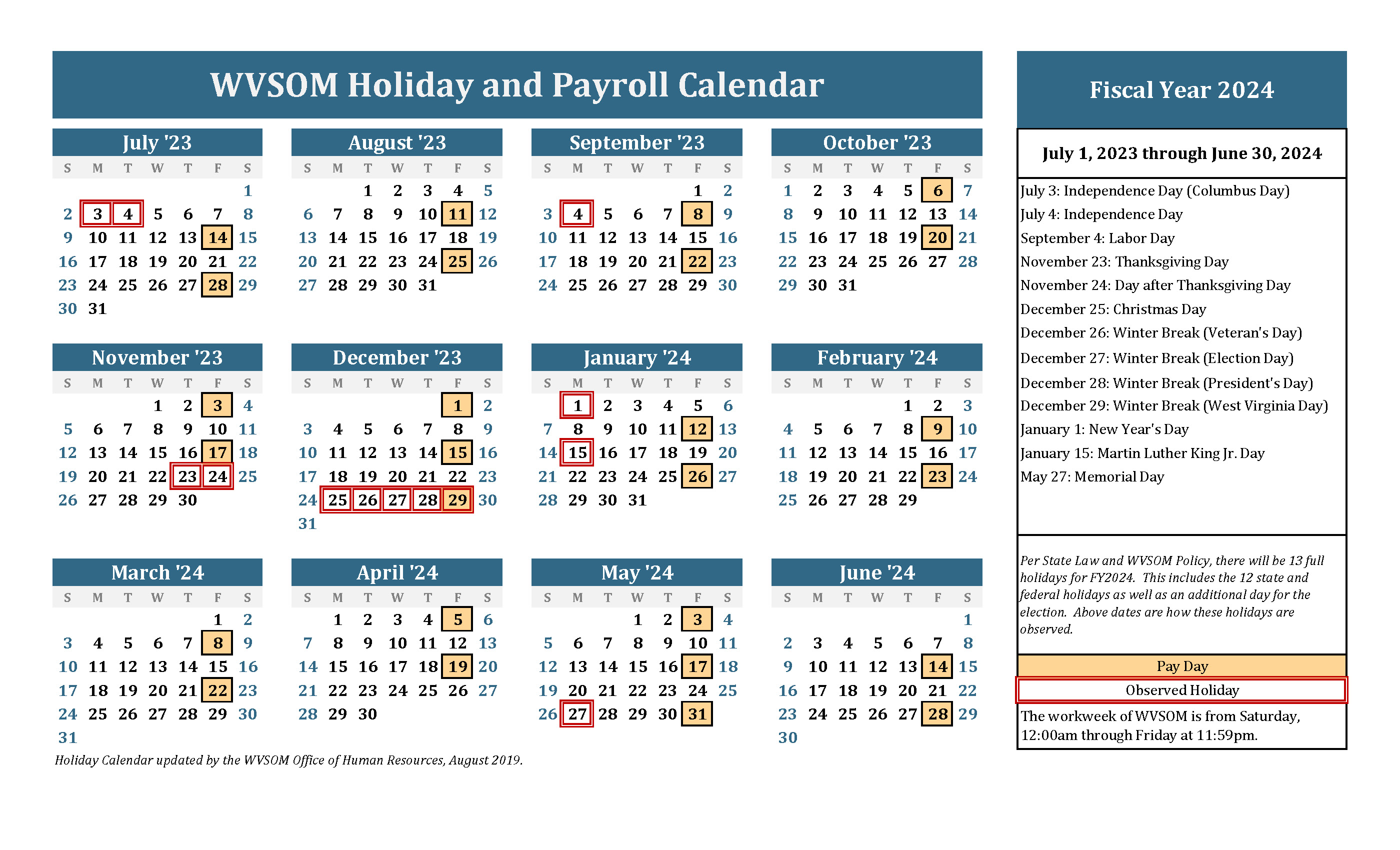 Holiday Calendar | West Virginia School of Osteopathic Medicine