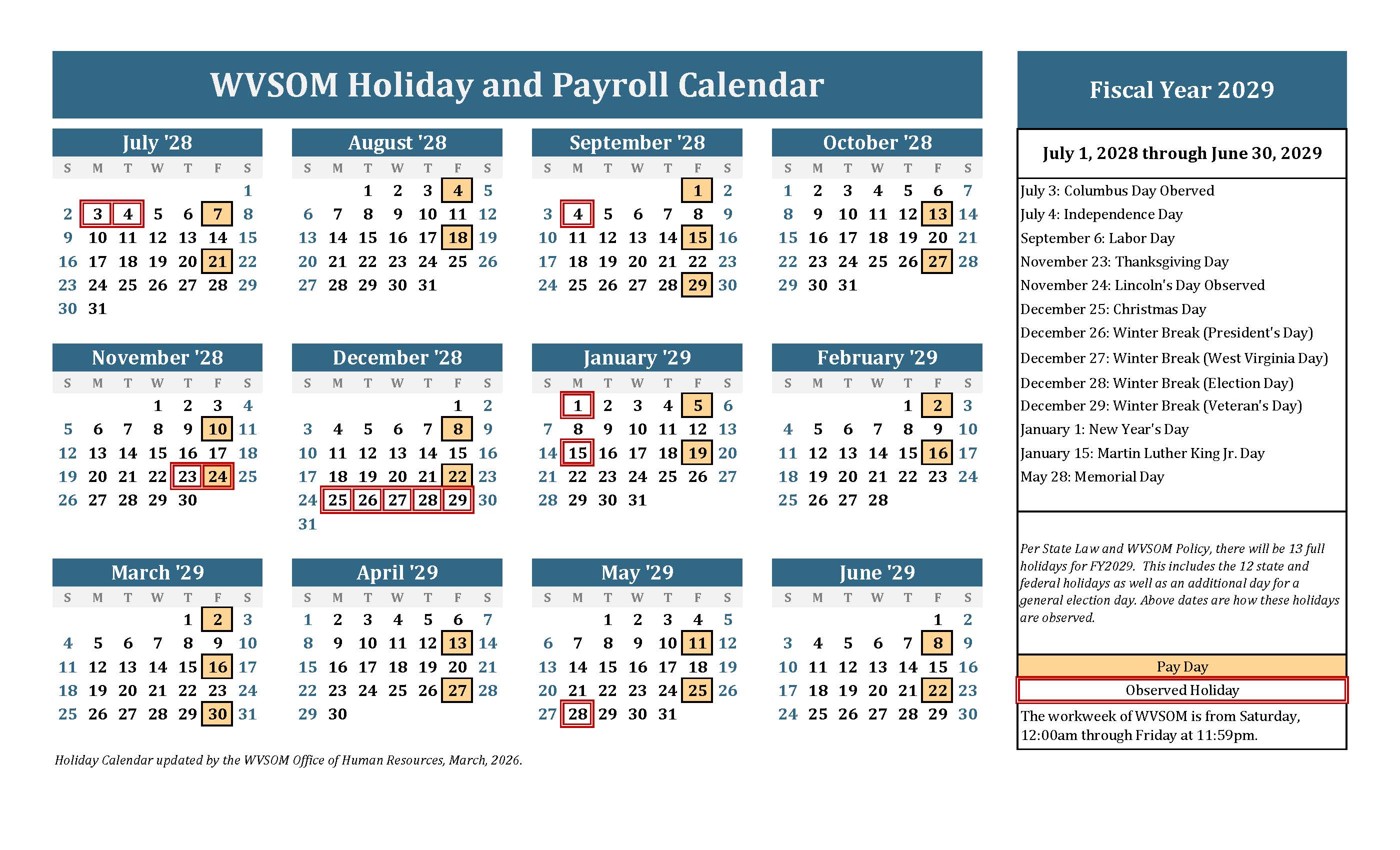 WVSOM Fiscal Year 2029 Holiday and Payroll Calendar