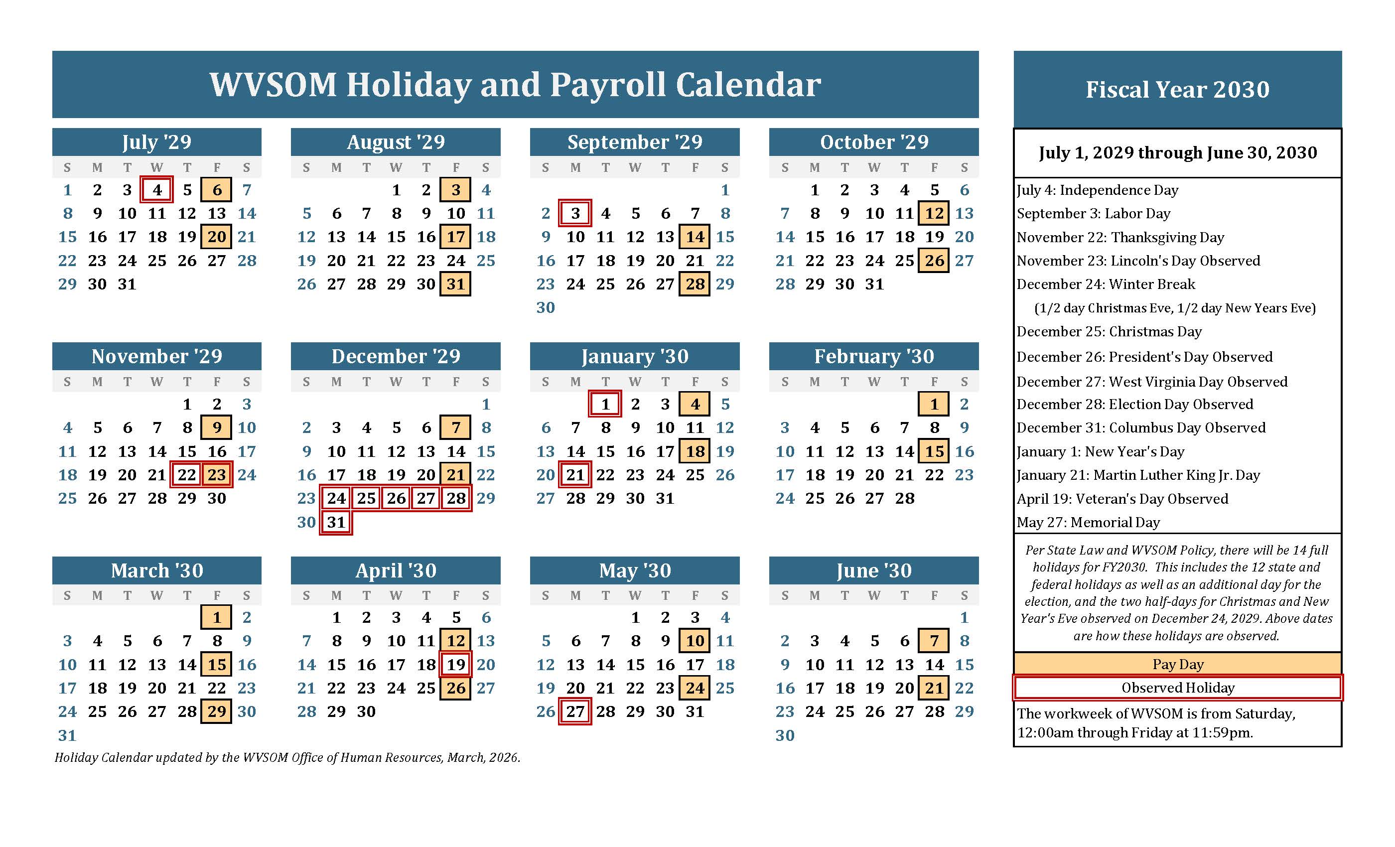 WVSOM Fiscal Year 2030 Holiday and Payroll Calendar