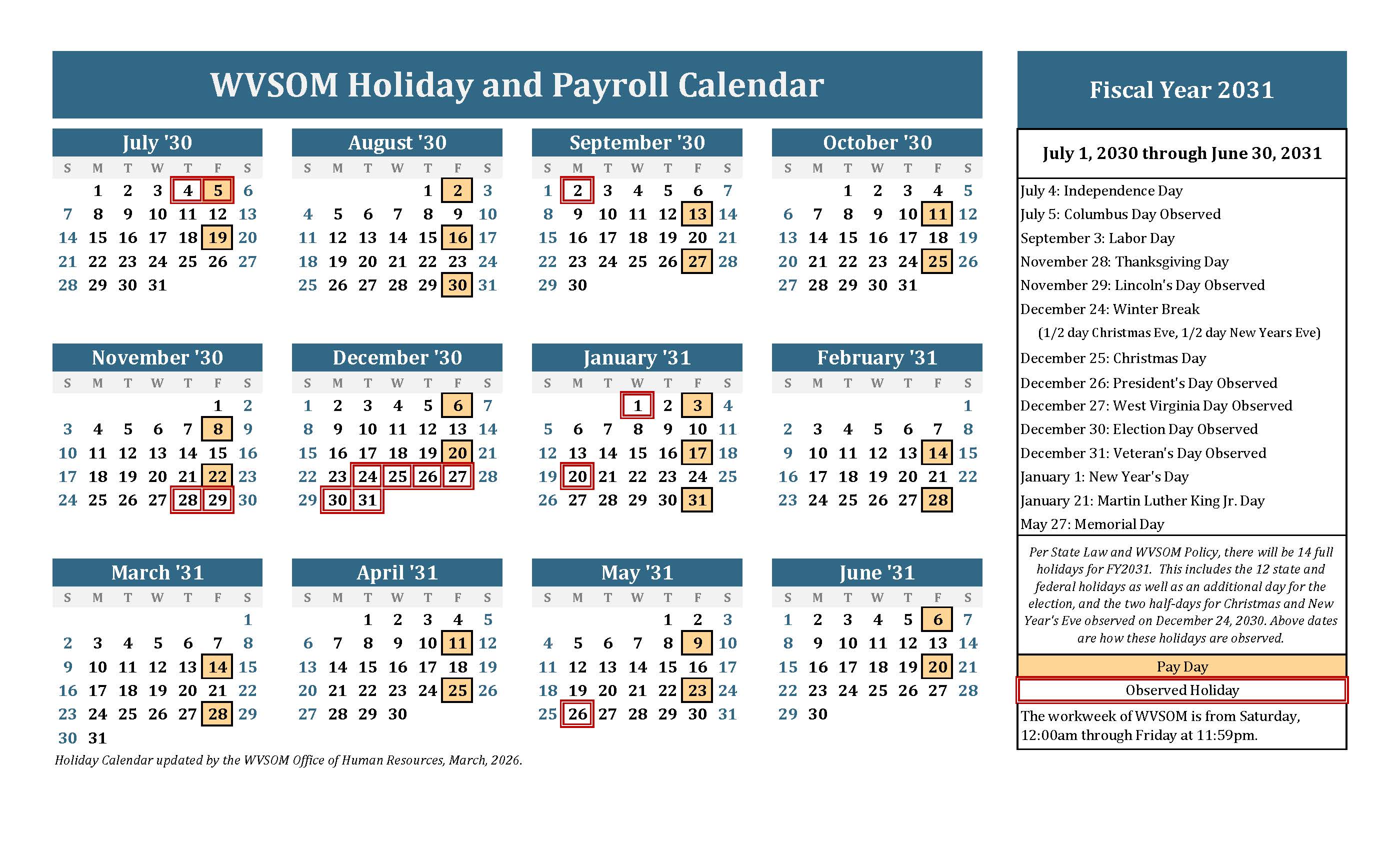 WVSOM Fiscal Year 2031 Holiday and Payroll Calendar