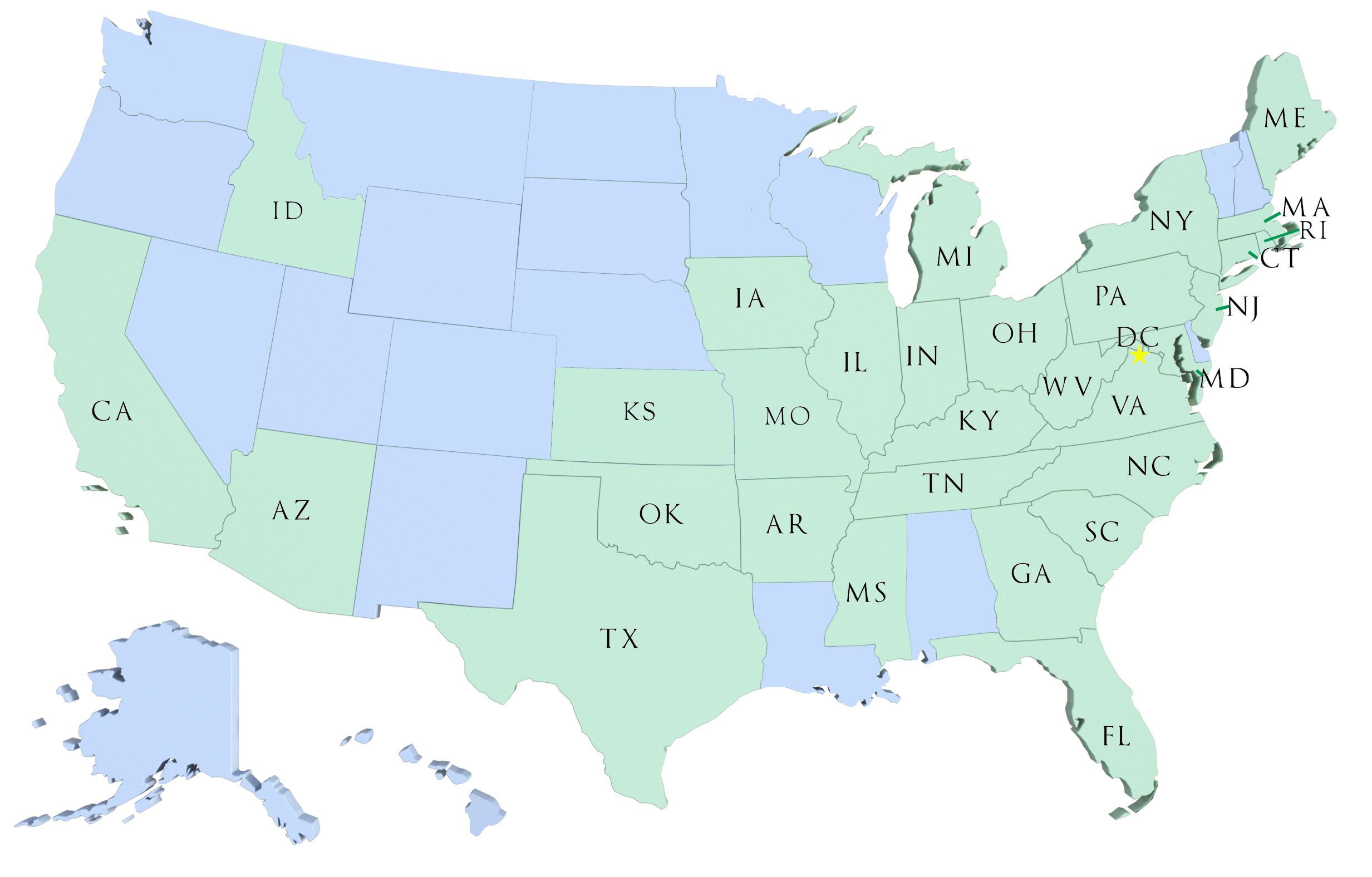 2022 map of the US showing states that WVSOM students have matched in