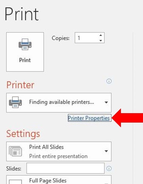 printer properties selection in PowerPoint