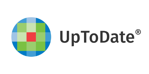 UpToDate logo with registered trademark symbol after name and circle with 3 color square pattern