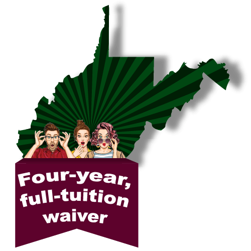 WV state outline with surprised faces above Four-year full tuition waiver ribbon