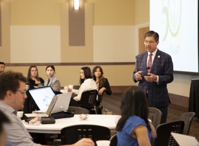 WVSOM President James W. Nemitz, Ph.D., speaks to students during an introductory session in the WVSOM Student Center.