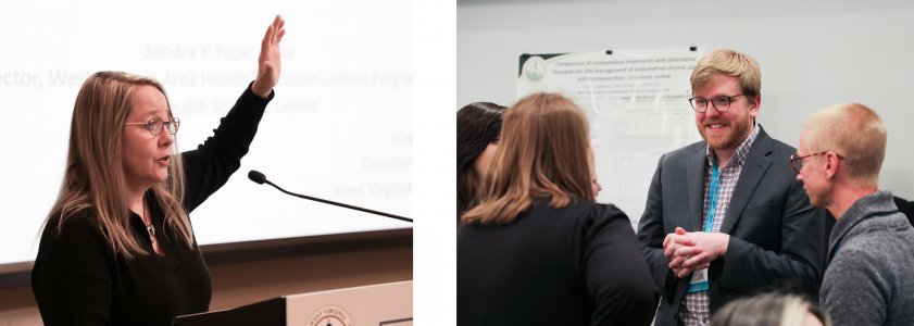 Left photo: WVSOM staff member Haylee Heinsberg addresses conference attendees from behind a lectern. Right photo: Rich Sutphin, executive director of the West Virginia Rural Health Association, speaks with health care professionals and students.