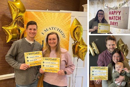 Photos of WVSOM students holding signs displaying their residency program placements.