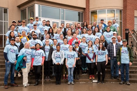 WVSOM students and administrators stand in front of the WVSOM Student Center