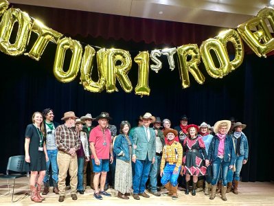 WVSOM faculty and staff dressed in Western-themed clothing at the 2023 Employee Celebration.