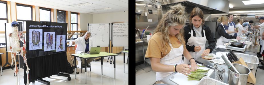 Left photo: A WVSOM faculty member presents anatomical structures to students at the Clinical Anatomy Summer Experience camp. Right photo: Students cook a meal at the Clingman Center for Community Engagement during the Just Say KNOW to Lifestyle Medicine camp.