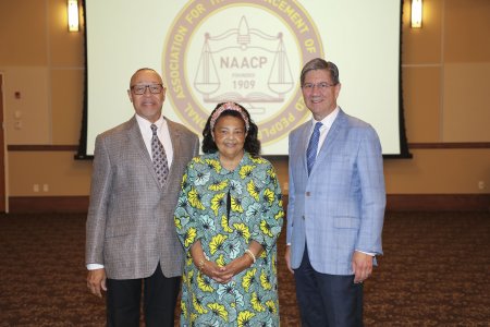 James W. Nemitz, Ph.D., WVSOM’s president (right) with Darryl Clausell, president of the NAACP’s West Virginia State Conference (left), and Loretta Young, president of the NAACP’s Greenbrier County branch and a founding member of Race Matters Inc. (center) during the annual conference of the West Virginia State Conference of Branches of the NAACP at WVSOM.