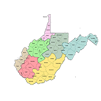 Color coded map of WV Statewide campus regions