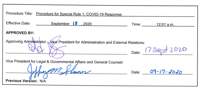 Procedure for SR-1:  signed September 18, 2020 by Edd Bridges and Jeff Shawver