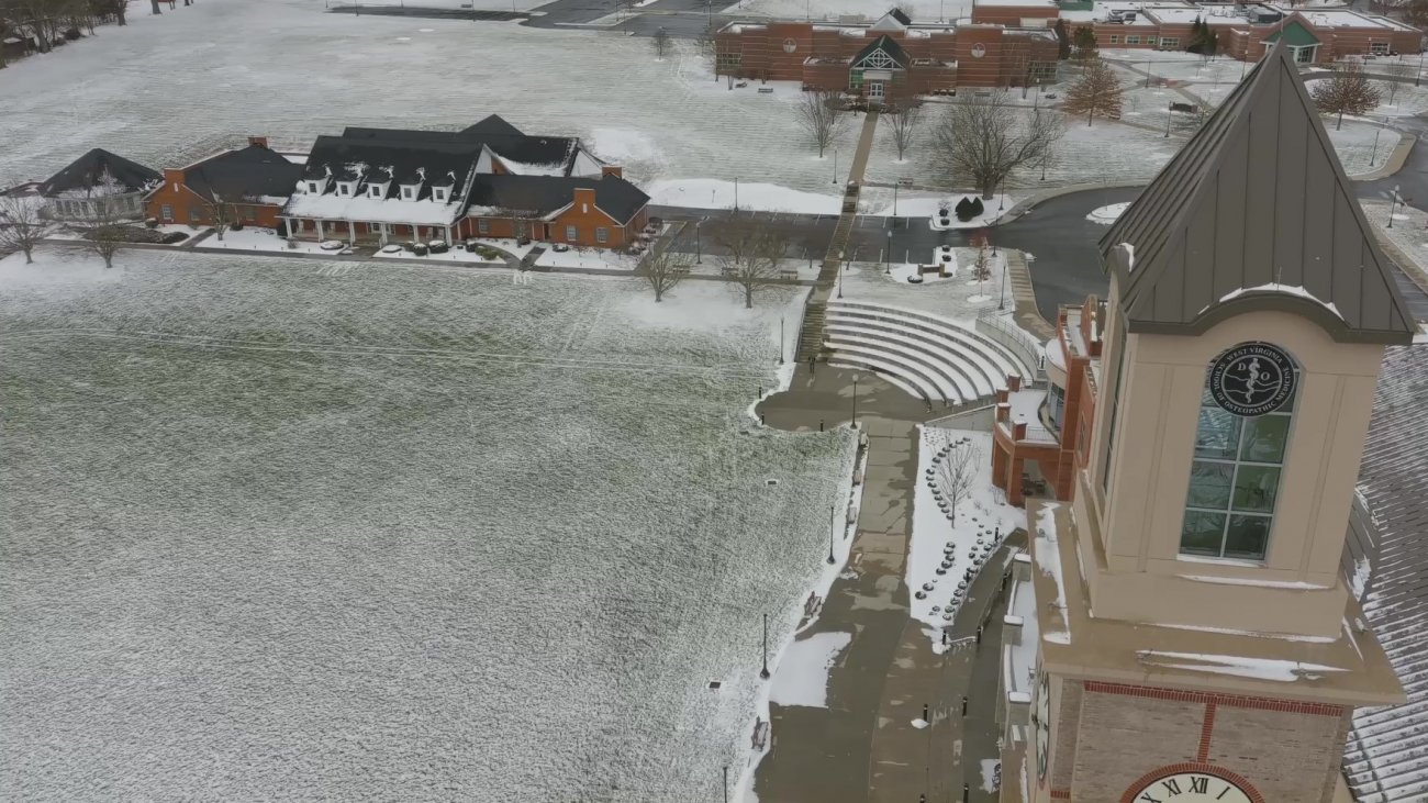 Alumni Tower and Alumni Building in light snow