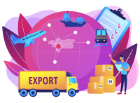 export cartoon with planes, trucks, boats