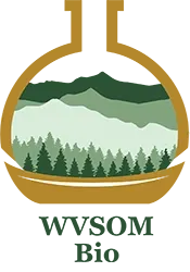 WVSOM Bio - logo with cascading mountains and evergreen trees contained inside a round bottom flask.