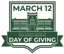 March 12 West Virginia School of Osteopathic Medicine Day of Giving. Logo with drawing of main building front.