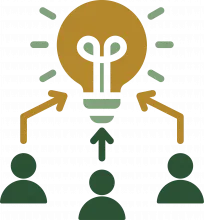 Lightbulb above three person silhouettes with arrows pointing from people to lightbulb.
